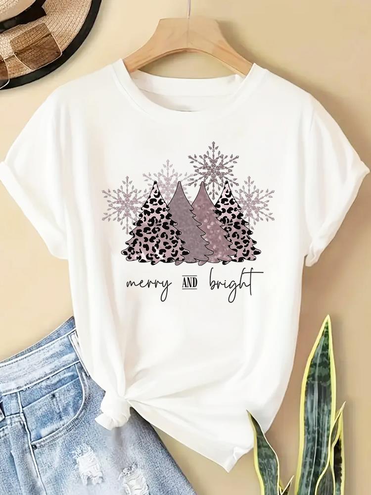 (Asian Size) New Year T Clothing Short Sleeve T-shirts  Print Merry Christmas Plaid Tree Style O-neck Women's Top Fashion Holiday Graphic Tee
