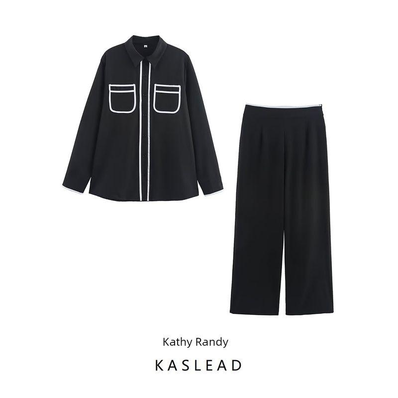 Kaslead New Women Clothes Western Style Simple Retro Contrast Color Shirts Straight Pants Set