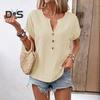 Женская рубашка с V-образным вырезом, декором в виде пуговиц, коротким рукавом, свободная рубашка, однотонная повседневная летняя футболка, повседневная одежда