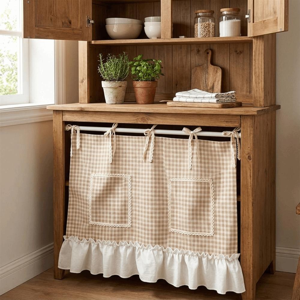 Ruffled Trim Oven Cover Curtain Gingham Plaid Cabinet Curtain Oven Door