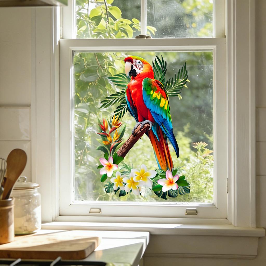 Tropical Macaw Static Cling Glass Sticker for Kitchen Living Room French Window Decor