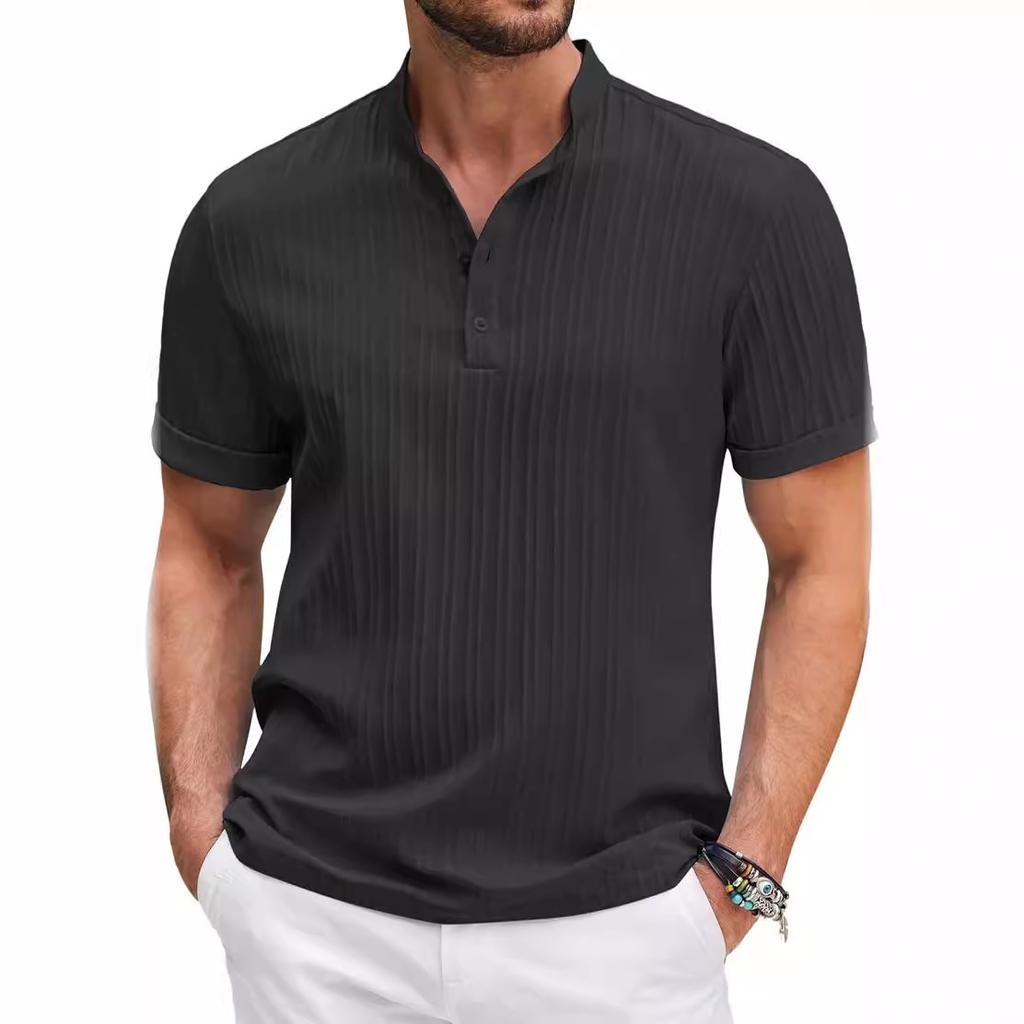 Men's Retro Striped Shirt Top Man Casual Loose Stand Collar Shirt