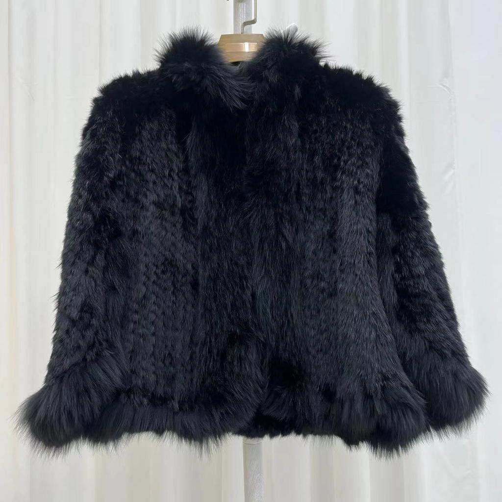 Real Rabbit Fur Braided Coat for Women Short Style Young Coat Fox Fur Bat Sleeve Shawl
