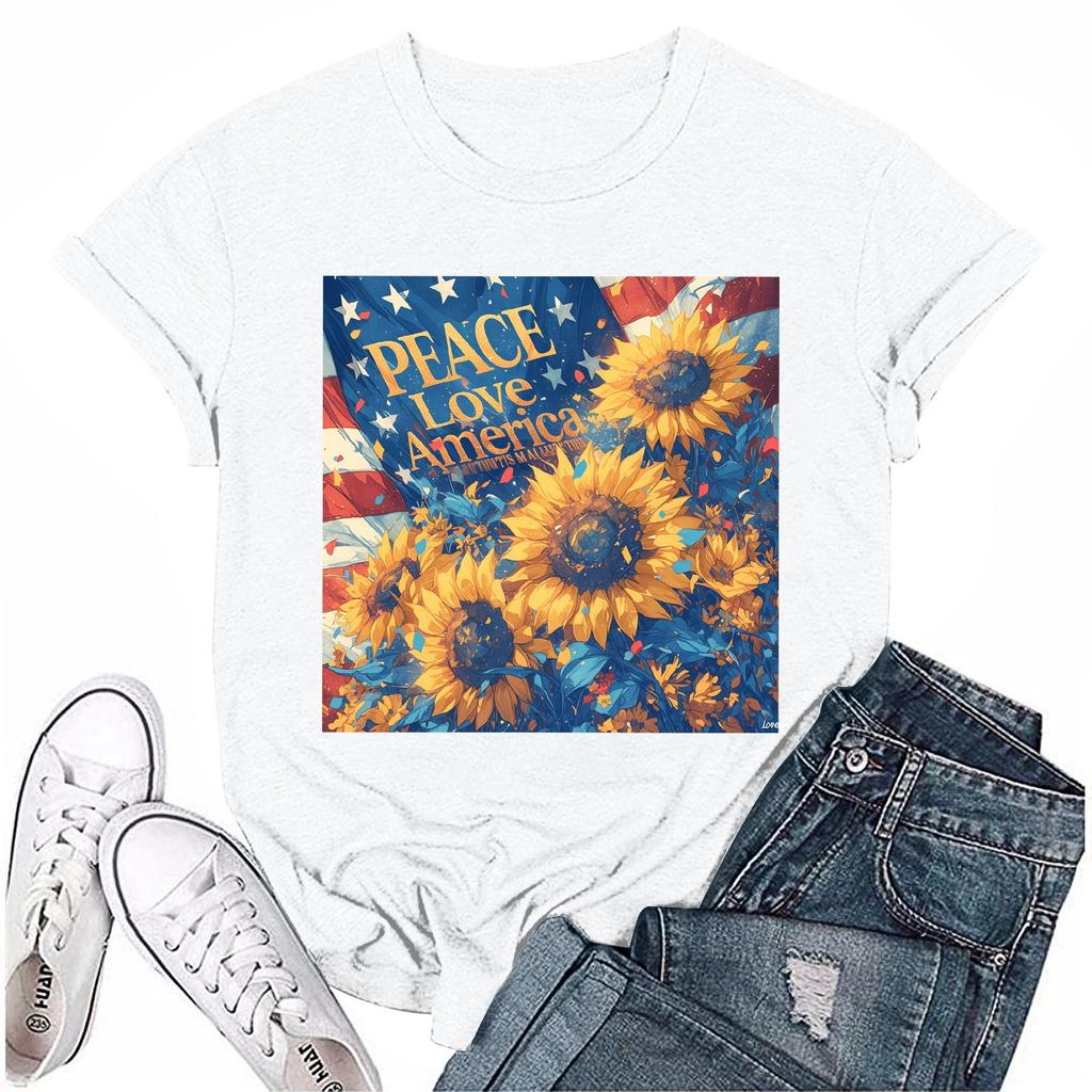 Women's Round Neck Casual Independence Day Printed Short Sleeve T-Shirt Top