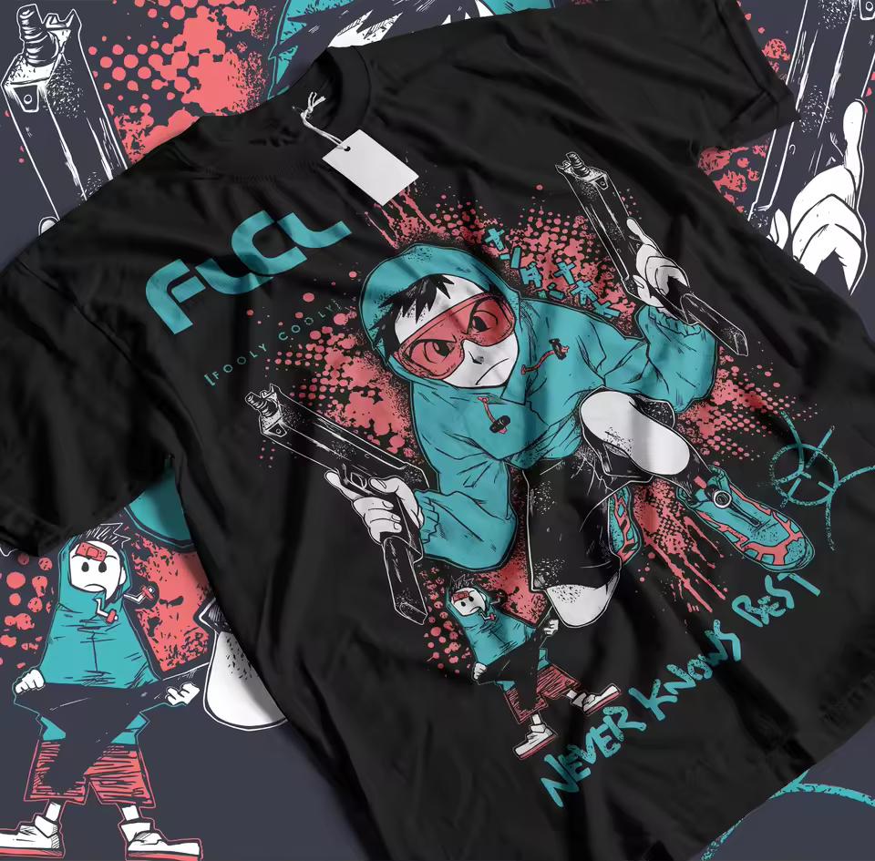 Vintage FLCL Fooly Cooly Anime Graffiti Print T‑Shirt Unisex Short Sleeve Cotton Tee Summer Casual Manga Streetwear Tops