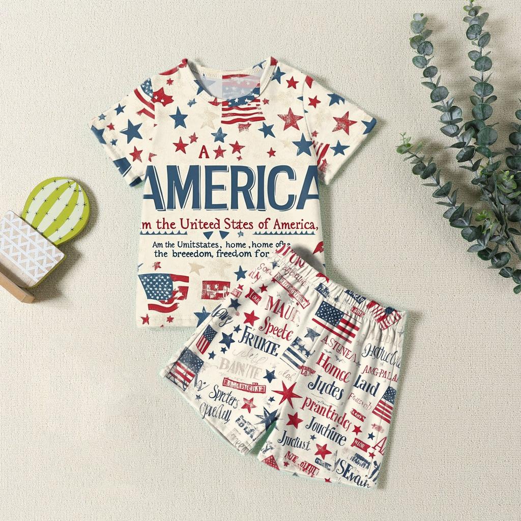 Мода для мальчиков девочек Повседневный комплект ко Дню независимости: футболка с круглым вырезом и короткими рукавами, шорты