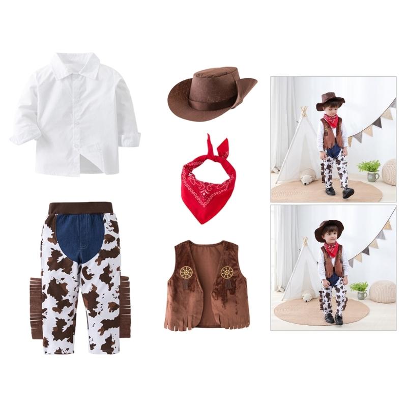 5Pcs Western Cowboy Costumes Cowboy Vest Bandana Shirt Pants Cap Halloween Fancy Dress Accessories Western Outfits
