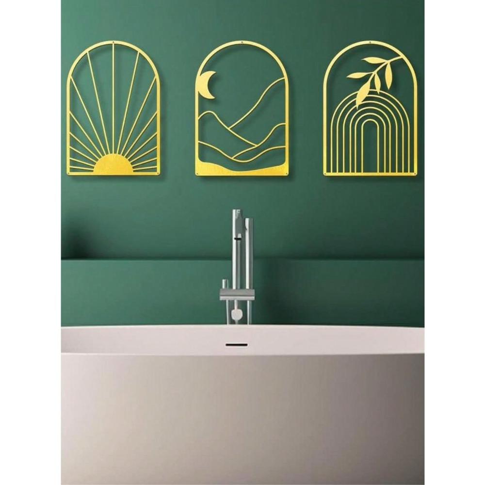 Gold Iron 3Pcs Bohemian Metal Leaves Wall Art, Minimalist Line Design Modern Decor for Bedroom Living Bathroom, Gift