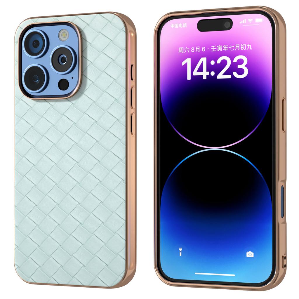 For iPhone 16 Pro Max Case Woven Texture Electroplating Edge Leather Coated PC+TPU Phone Cover