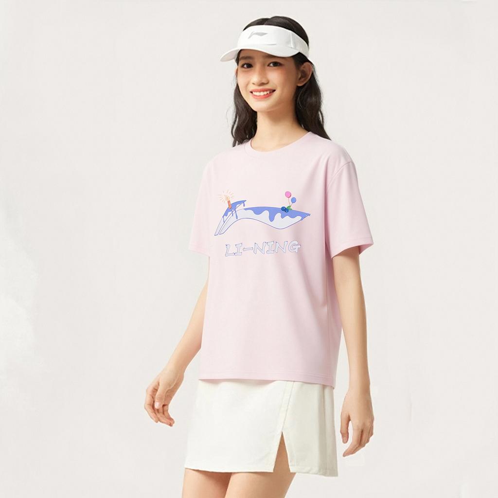 Li-Ning Универсальная удобная мягкая свободная футболка с коротким рукавом женские топы светло-розовый AHSW852-2