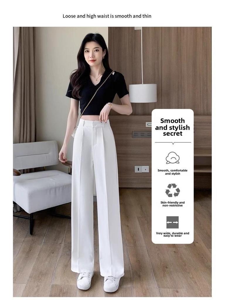 Весенние брюки с высокой талией и широкими штанинами 2024 года для миниатюрных женщин - элегантные брюки-драпировки