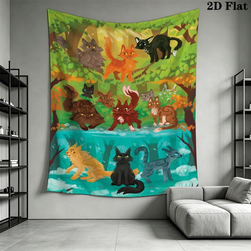 Cat Warrior Wall Tapestry Aesthetic Wall Hanging Printed Fabric Blanket Decorative Tapestries for Bedroom Living Room Home Decor
