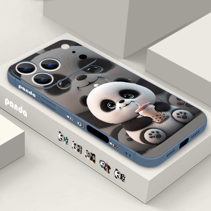 Чехол для iPhone 17 Pro Max с Пандой, пьющей молочный чай, с мягким силиконовым ремешком-шнурком, Чехол для iPhone 16 Pro Max, Чехол iPhone 15 14 13 12 11 16E Air
