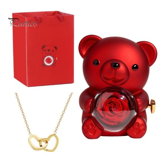 Консервированная роза, подарок в виде медведя-обнимашки с ожерельем в виде сердца, вращающаяся вечная подарочная коробка с цветком-медведем для жены, мамы, бабушки, девушки, подарок на день святого Валентина, день рождения