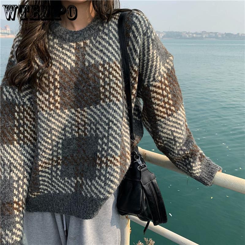 WTEMPO Мягкие женские осенне-зимние новые клетчатые ретро-свитера Y2K Loose Lazy High-end Sense of Temperament