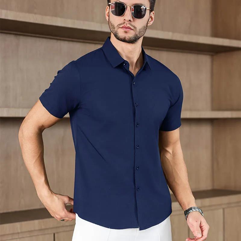 Мужская рубашка с коротким рукавом, однотонная, в стиле business casual, для летней моды, не требует глажки, удобный и универсальный топ