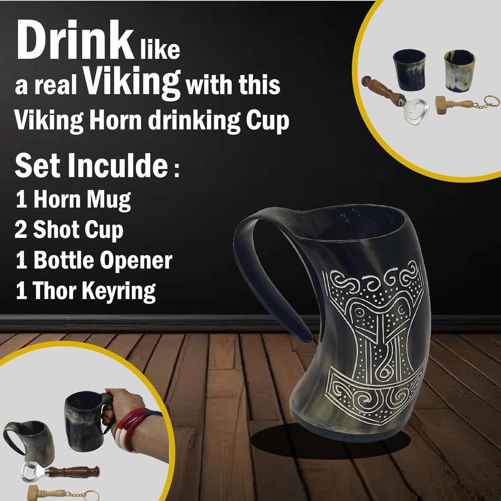 Viking Drinking OX Horn | Tankard | Mug | Cup for Ale, Beer, Mead, Wine, Shot Glass, Bottle Opener |100% Leak Free | Natural and Handmade