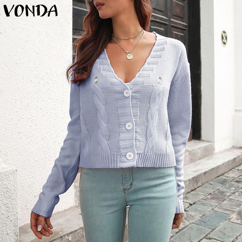 VONDA Autumn Winter Women Long Sleeve Embroidery Casual Short Knitted Sweaters Cardigans