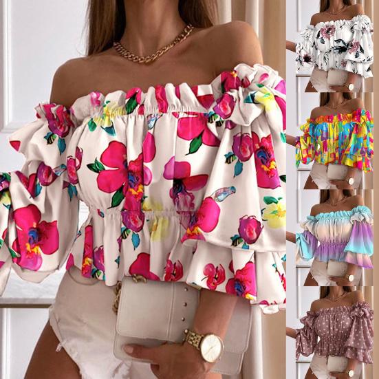 Многослойный топ с открытыми плечами, красочная плиссированная женская рубашка с расклешенными рукавами