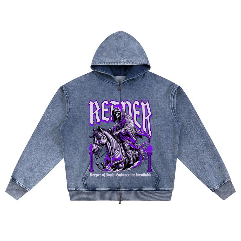 DTG print Knitted Denim Zip-Up Hoodie Reaper Brother Print Zipper Hoodies