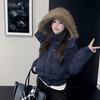 New Winter Cotton Coat Hooded Fur Collar Cotton Coat for Women Thickened Navy Blue Slim Short Cotton Jacket