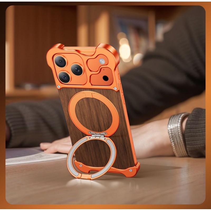 Rotating Stand Phone Case IPhone 16 Pro Max 17 Wooden Metal Magnetic All-in-one Design