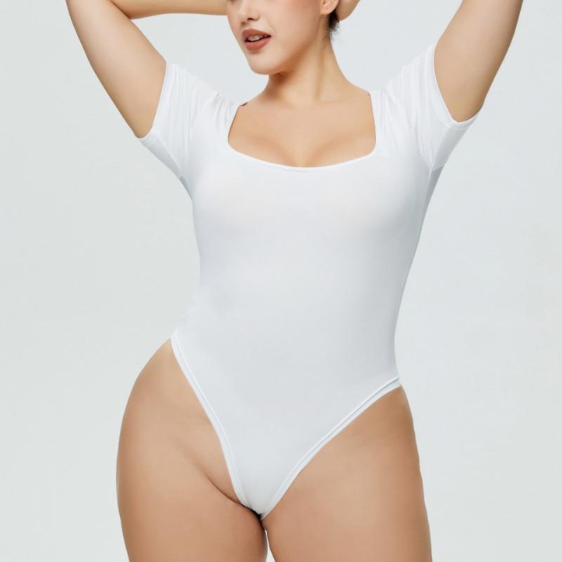 Женский модный боди с квадратным воротником, однотонный, сексуальный, облегающий, большого размера, с короткими рукавами, комбинезон для женщин