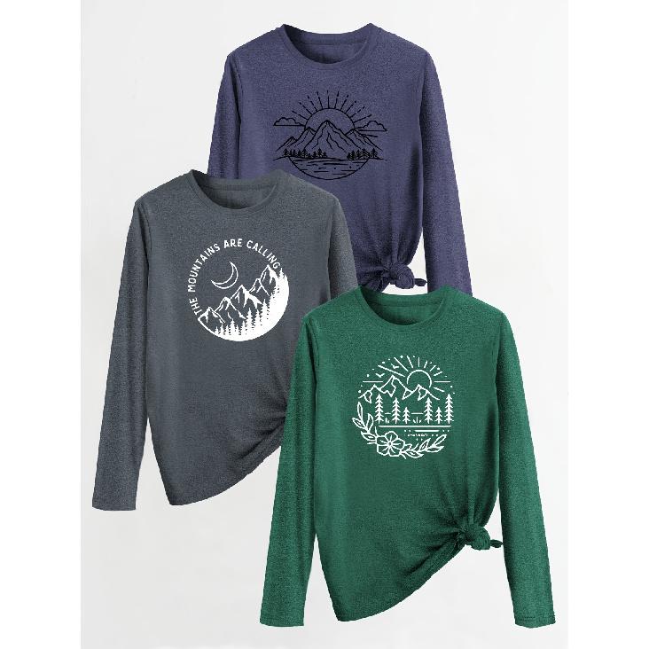 Three-piece set Mountain and forest natural print fashion retro style women's casual sports top with round neck and long sleeves T Shirt