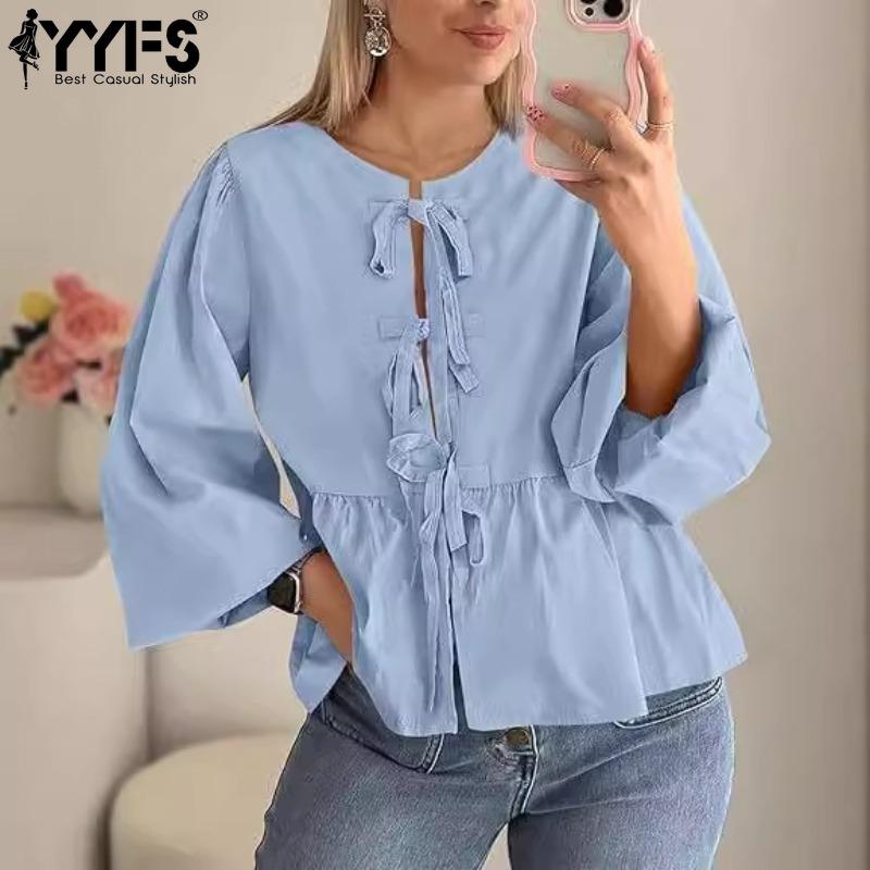 YYFS Женская мода повседневная весна осень однотонные принты длинные рукава О-образный вырез блузки и рубашки
