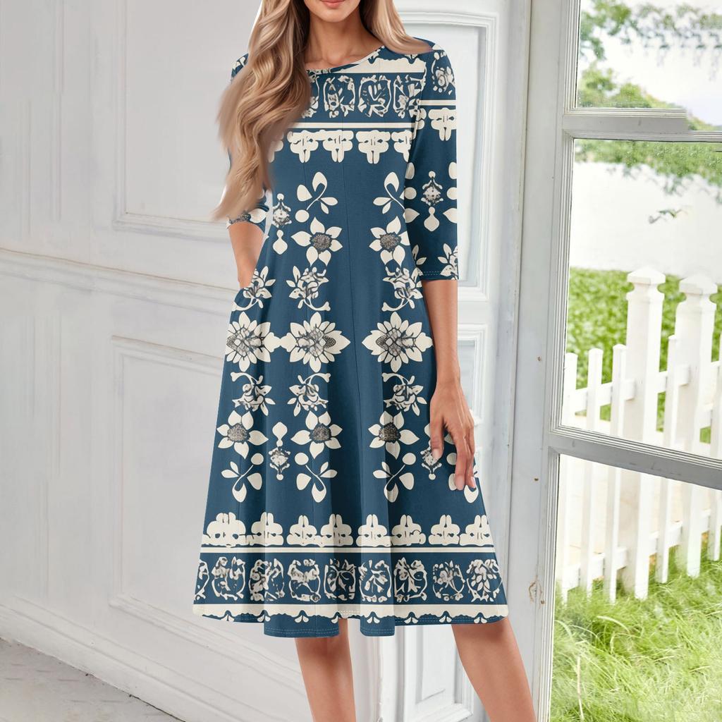 Women's Loose Casual And Fashionable Round Neck Seven Quarter Sleeved Printed Mid Length Dress