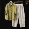 Women's Summer Cotton-Linen Two-Piece Suit - Printed Retro Short-Sleeve Top + Pants