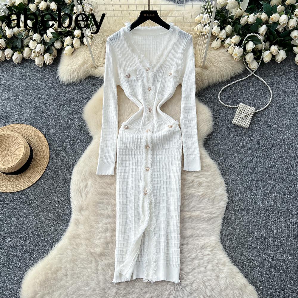 Новые женские платья Осень Зима Винтажное лоскутное вязаное миди-платье Элегантное платье-рубашка-свитер с V-образным вырезом и оборками