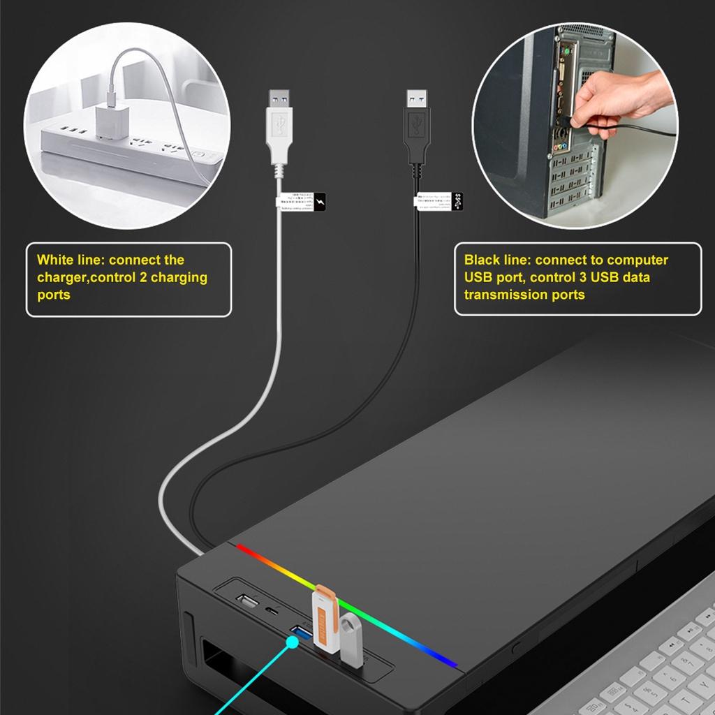 Подставка для монитора ABS RGB, стойка для стола с тремя USB3.0 клавиатурой, мышью, полкой для хранения, подставкой для экрана с ящиком для зарядного кабеля, держателем для телефона, черная