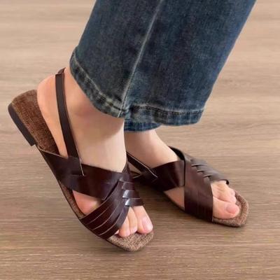 Модные плетеные новые плоские сандалии для женщин 2025 летняя мода ретро удобная женская обувь повседневные пляжные отпускные сандалии