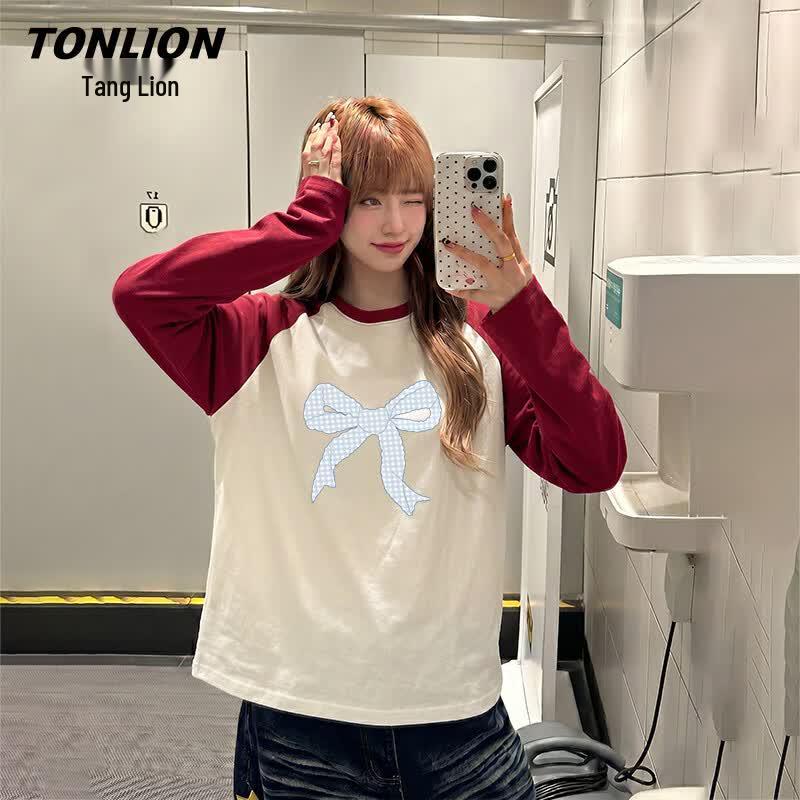 Женская футболка TonLion из чистого хлопка с длинным рукавом и бантом