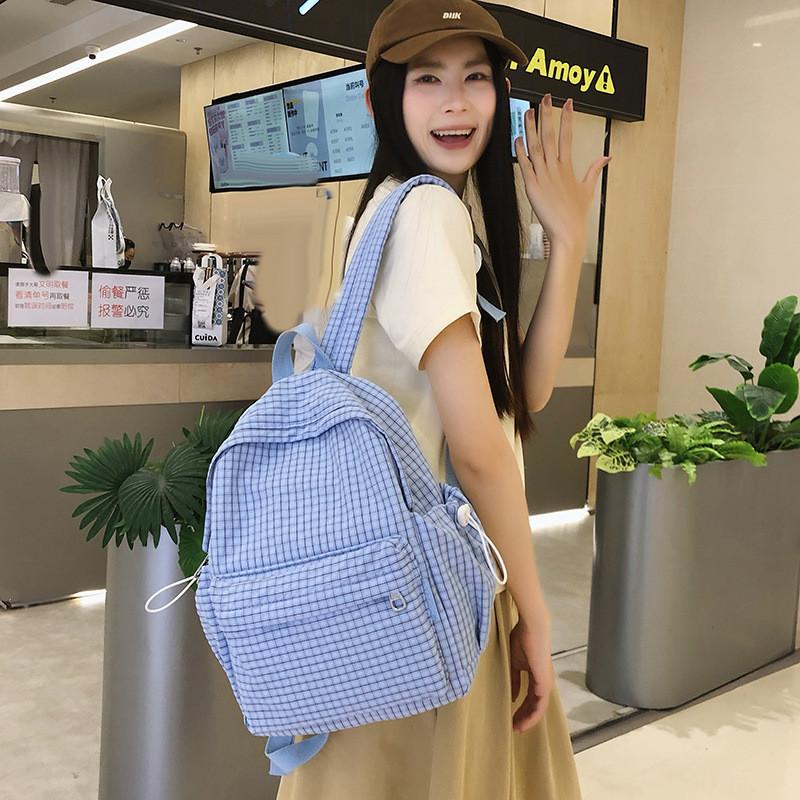 Cotton School Bag With Waterproof Feature And Grid Pattern For Teens And Adults