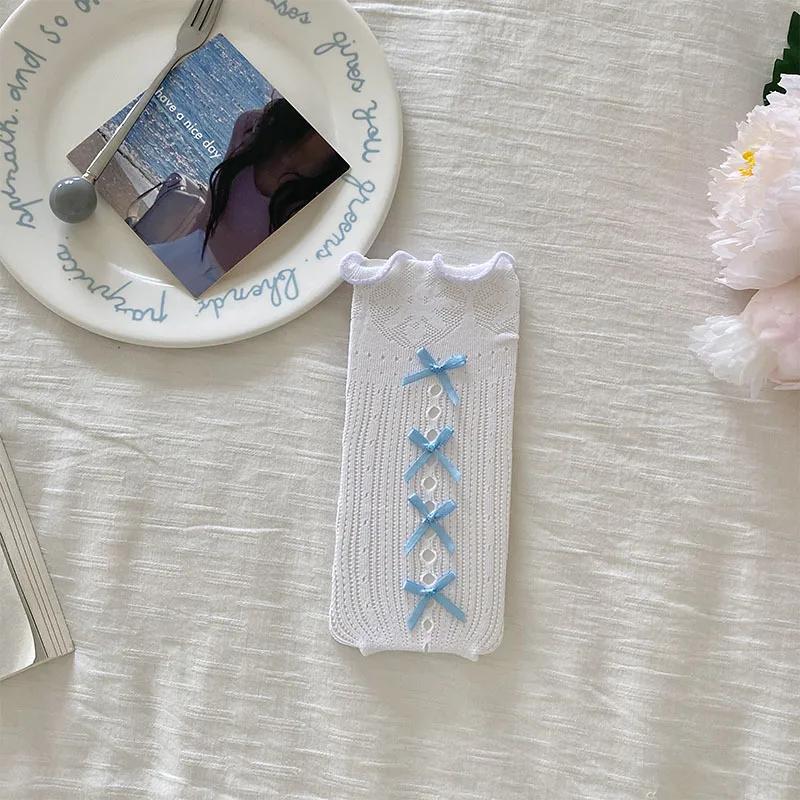 Сетчатые чулки Lolita Kawaii кружевные носки с оборками ажурные гольфы милые бантики JK Sweet Girls длинные носки женские чулки