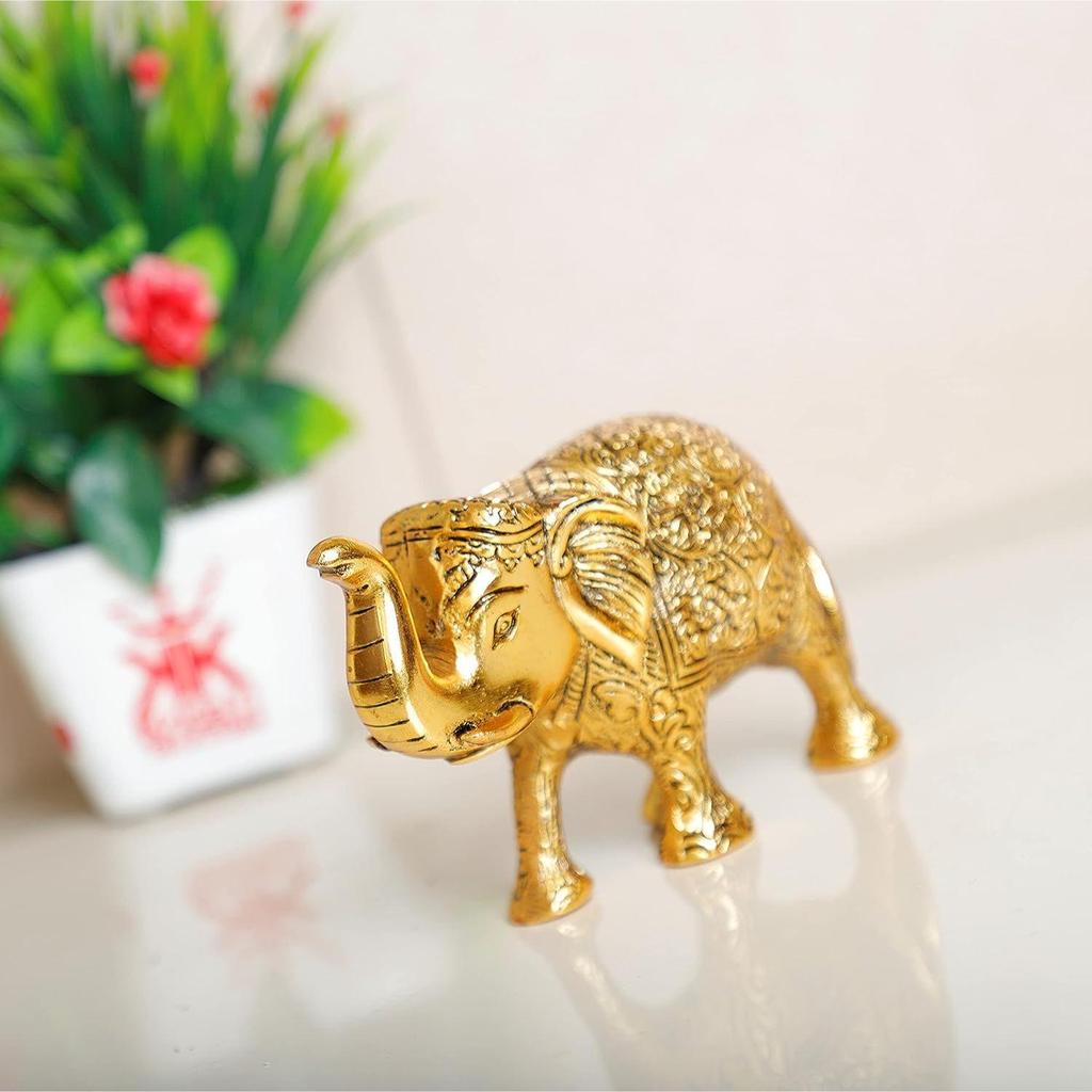 Metal Elephant Statue Small Size Gold Polish 2 Pcs Set for Your Home,Office Table Decorative & Gift