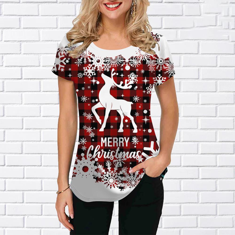 Футболка с изображением лося и снеговика для женщин, летняя футболка большого размера, топ с рождественским принтом и графическим принтом, 2023, модные повседневные женские футболки с круглым вырезом, пуловер