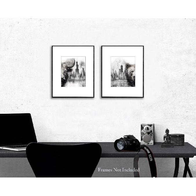 Gnosis Picture Archive Bull and Bear Chicago City Skyline Abstract Watercolor Gray and White Unframed set of 2 Wall Art Poster, Stock Market Day
