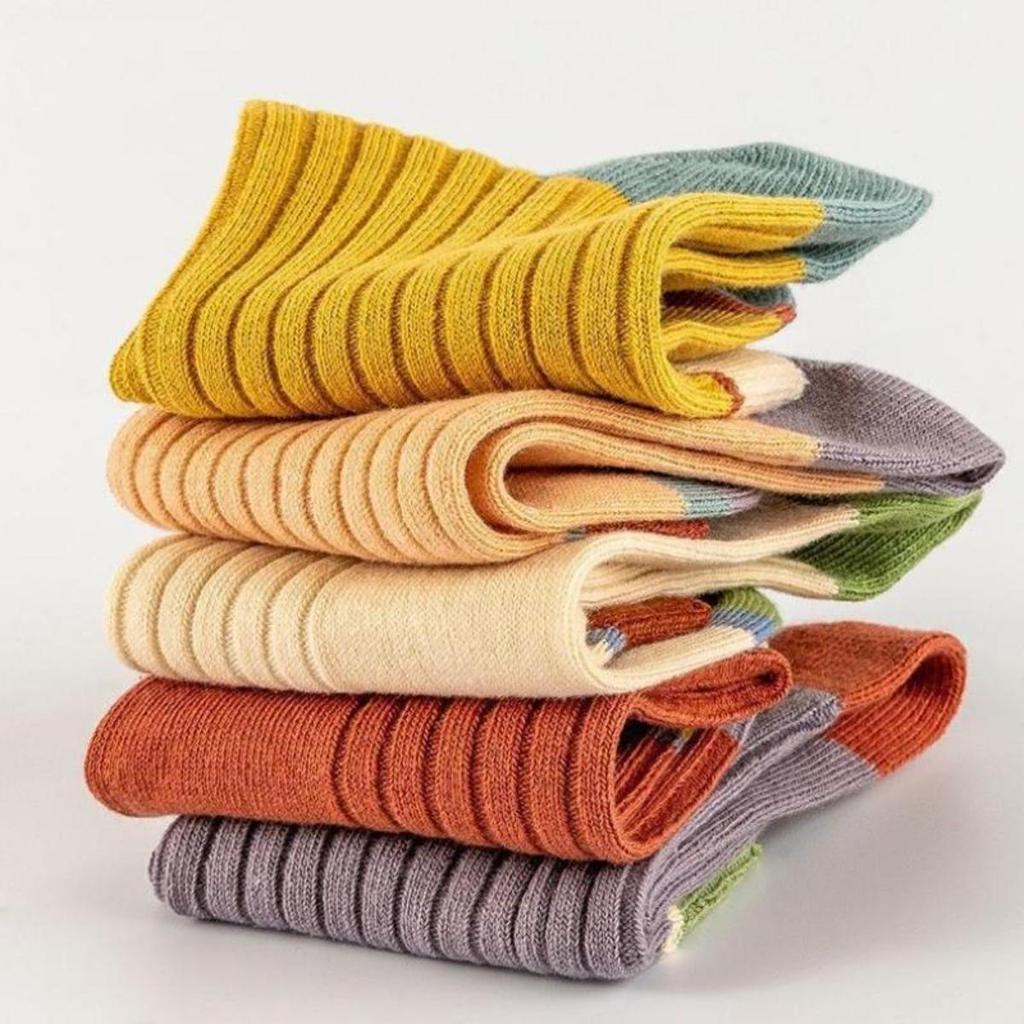 5 Pairs Women Candy Color Splicing Design Socks, Mid-tube Ribbed, Breathable, Sweat-absorbent, High Elastic