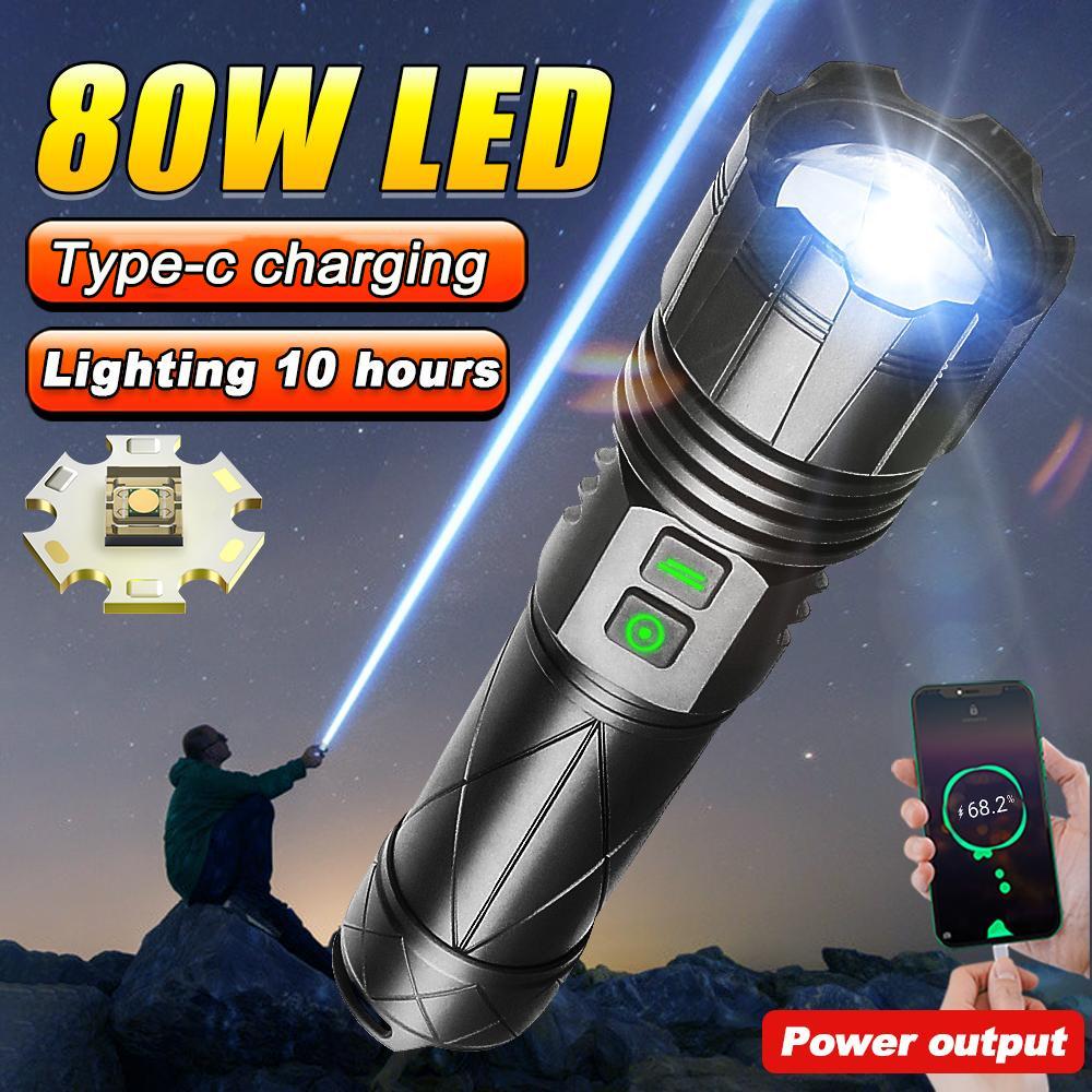 80W LED Rechargeable LED Flashlights White Laser Lamp Beads Long Range 1500m High Power LED Flashlight Lantern Camping Torch