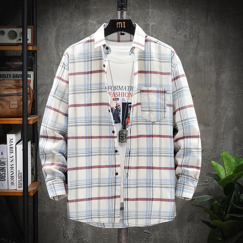 Мужская клетчатая рубашка с длинными рукавами в гонконгском стиле, модная повседневная рубашка со свободными лацканами, мужской топ