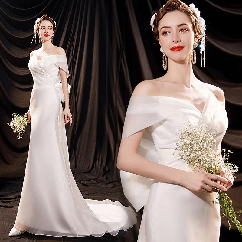 French one-word shoulder light wedding dress 1011 new elegant and sexy slim fishtail small trailing banquet catwalk dress skirt