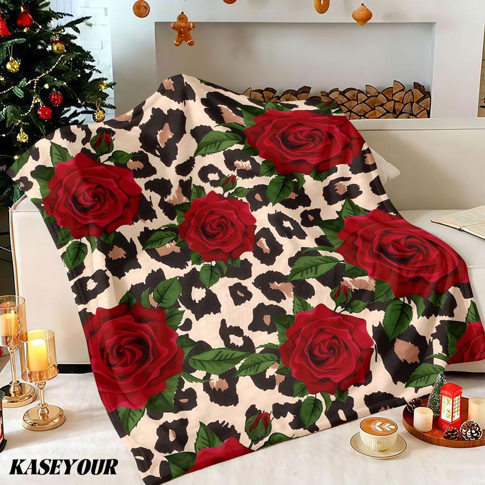 Leopard Roses Glam Winter Summer Flannel Blanket Throw Fleece Soft Fuzzy Plush Cozy Fleece Blankets for Sofa Ideal Gifts