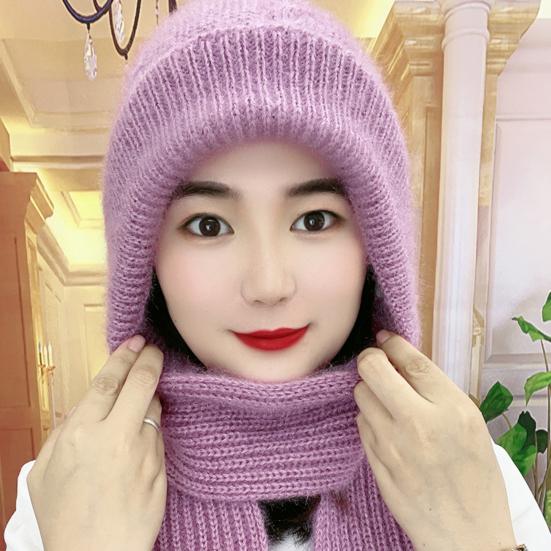 Women Winter Hat with Scarf Thick Warm Plush Windproof Cycling Headwear Solid Color Elastic