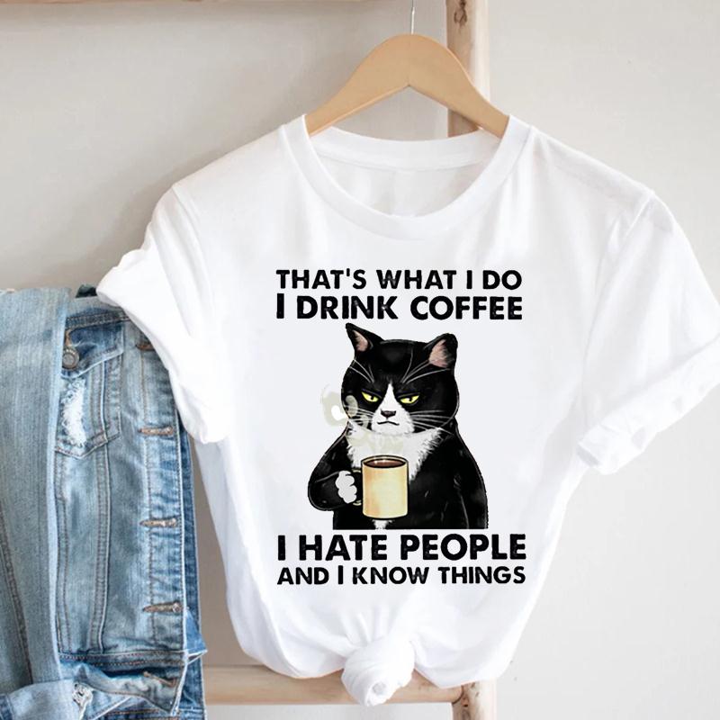 Футболка унисекс с принтом Lovely Pet Cat Coffee Letter Sweet Top Летняя модная футболка с коротким рукавом Lady Fe Одежда унисекс Повседневная графическая футболка унисекс