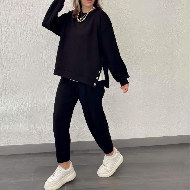 INDFS Women's Fashion Casual Spring Fall Solid Color Print Long Sleeve O-Neck Blouses & Shirts Trousers Pants Suits