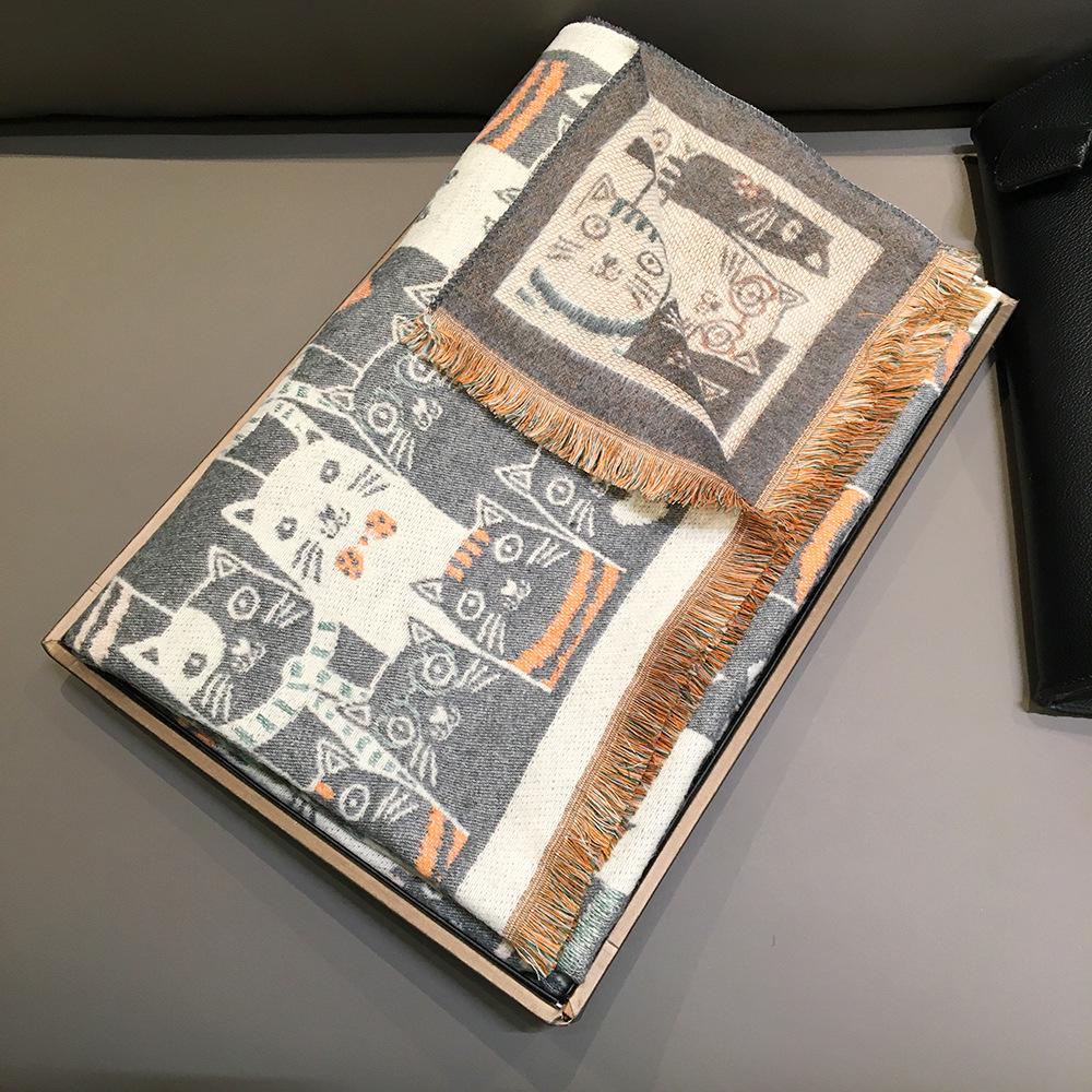 Cartoon Cat Cashmere Feel Tassel Scarf & Shawl - Women's Autumn/Winter Dual-Use Long Style