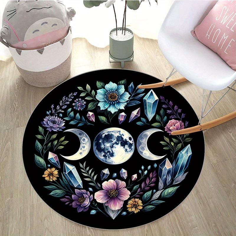 Floral Celestial Round Carpet, Polyester Black Background with Vibrant Flowers Planets for Living Room Home Decor